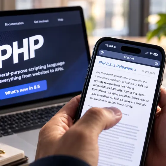A hand holding a phone showing the PHP project's announcement of version 8.5.12 and the two critical vulnerabilities, in front of a laptop showing the PHP website.