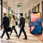 Tre personer går gennem en lys kontorgang under et grønt nødudgangsskilt, mens en hånd holder en telefon med en evakueringsbesked fra BmyGuest om at forlade bygningen med det samme.
