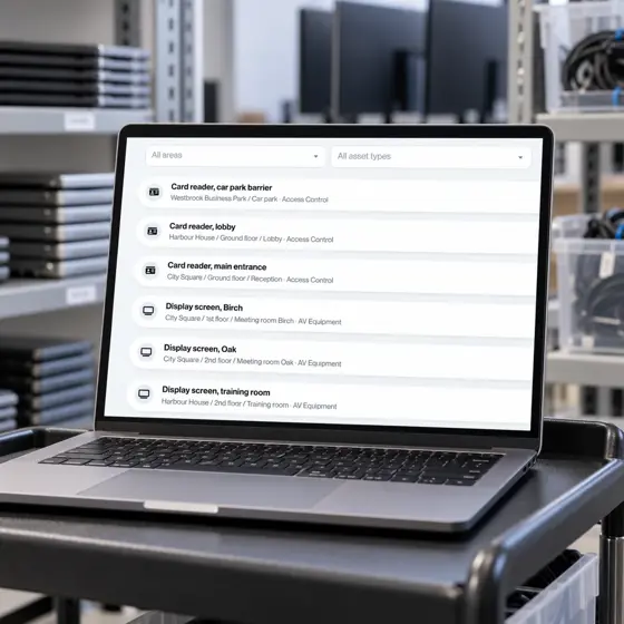 Förteckning över IT-utrustning, såsom kortläsare och skärmar, med angivande av placering