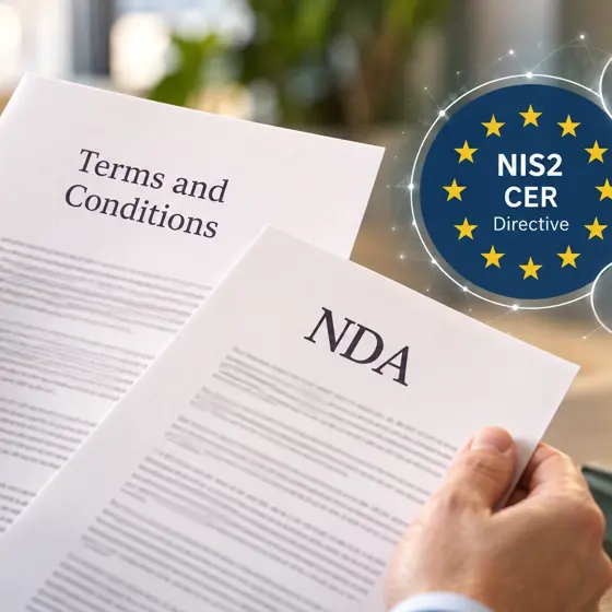 Hands holding the documents Terms and Conditions and NDA beside an EU badge for NIS2 and CER, with icons for security, documentation and access.