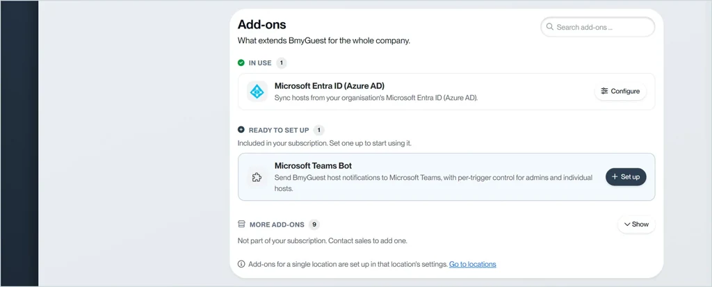 Virksomhedens tilkøbsmoduler: Microsoft Entra ID er i brug, Microsoft Teams er klar til at blive sat op.