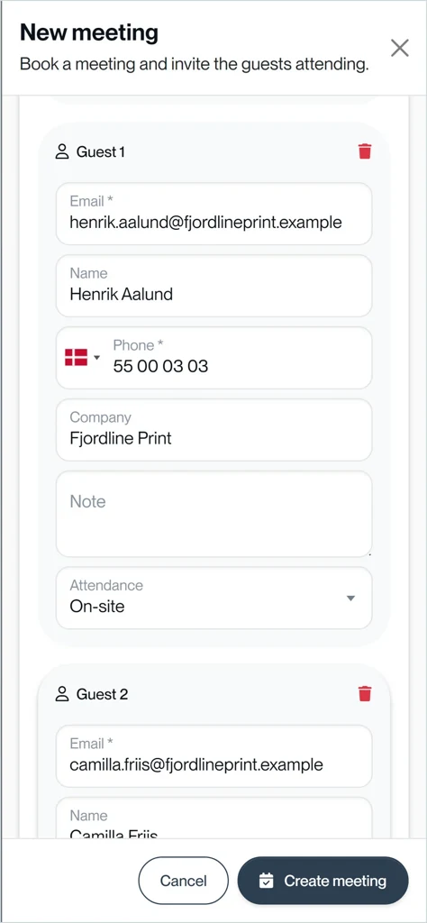 New meeting på en telefon: oplysninger med en dørnøgle til alle gæster, deltagerindstillingerne og gæsterne.