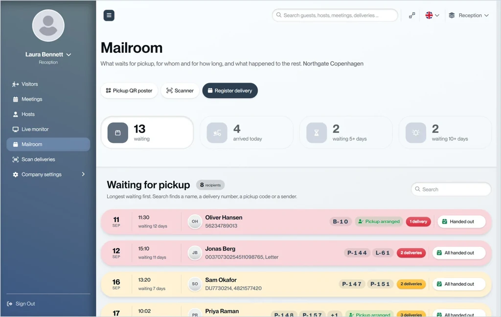 Mailroom-siden hos Northgate Copenhagen: Reception-menuen til venstre, fire tællere og derefter ét kort pr. modtager, med den, der har ventet længst, øverst.