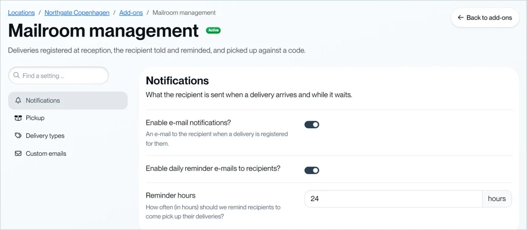 Mailroom management hos Northgate Copenhagen: afsnitsmenuen til venstre, Notifications til højre.