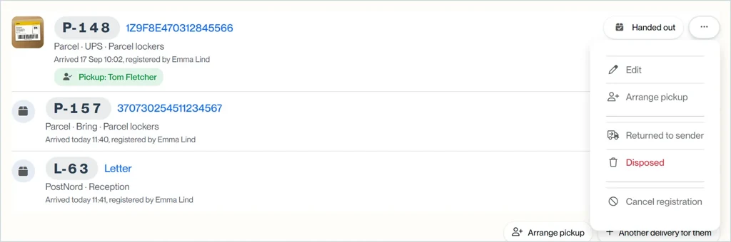 Menuen på en forsendelse. Cancel registration vises kun for dem, der må annullere.